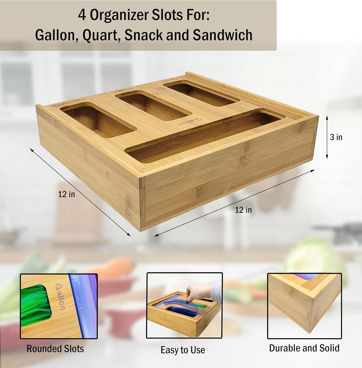 Ziplock Bag Organizer for Drawer – Bamboo Ziploc Bag Holder with Sliding Lid for Gallon, Quart, Snack & Sandwich Bags