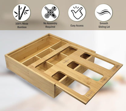 Ziplock Bag Organizer for Drawer – Bamboo Ziploc Bag Holder with Sliding Lid for Gallon, Quart, Snack & Sandwich Bags