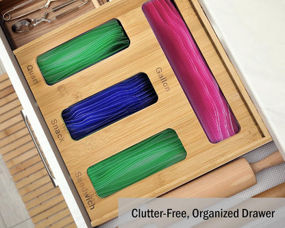 Ziplock Bag Organizer for Drawer – Bamboo Ziploc Bag Holder with Sliding Lid for Gallon, Quart, Snack & Sandwich Bags