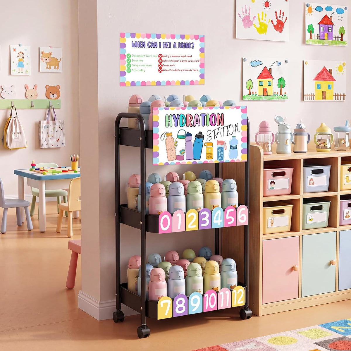 Hydration Station Classroom Storage Trolley 3-tier Plastic Rolling Water Bottles Storage Car with Handle Hydration Station Sign Stickers Set for Classroom Office Water Bottle Organizer Supplies
