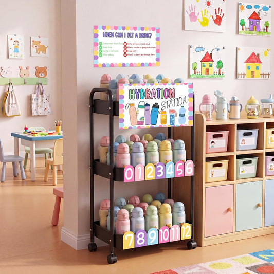 Hydration Station Classroom Storage Trolley 3-tier Plastic Rolling Water Bottles Storage Car with Handle Hydration Station Sign Stickers Set for Classroom Office Water Bottle Organizer Supplies