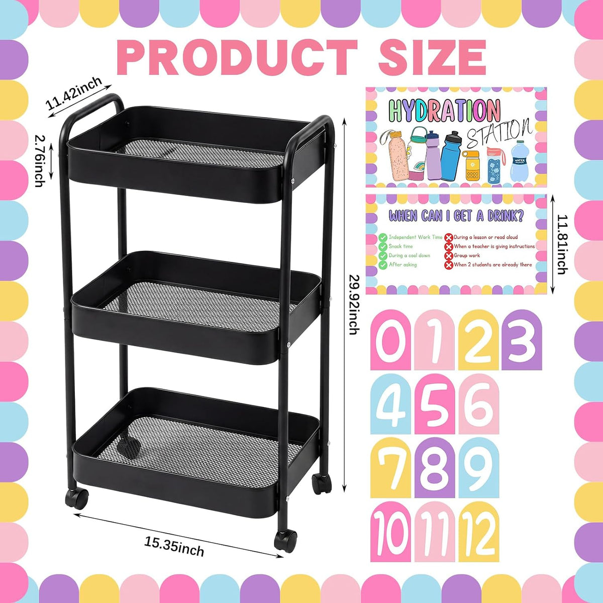 Hydration Station Classroom Storage Trolley 3-tier Plastic Rolling Water Bottles Storage Car with Handle Hydration Station Sign Stickers Set for Classroom Office Water Bottle Organizer Supplies