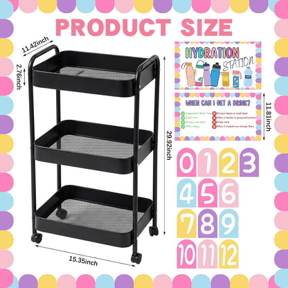 Hydration Station Classroom Storage Trolley 3-tier Plastic Rolling Water Bottles Storage Car with Handle Hydration Station Sign Stickers Set for Classroom Office Water Bottle Organizer Supplies