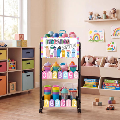 Hydration Station Classroom Storage Trolley 3-tier Plastic Rolling Water Bottles Storage Car with Handle Hydration Station Sign Stickers Set for Classroom Office Water Bottle Organizer Supplies