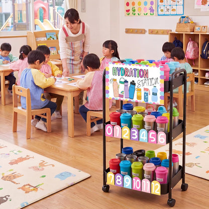 Hydration Station Classroom Storage Trolley 3-tier Plastic Rolling Water Bottles Storage Car with Handle Hydration Station Sign Stickers Set for Classroom Office Water Bottle Organizer Supplies