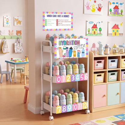 Hydration Station Classroom Storage Trolley 3-tier Plastic Rolling Water Bottles Storage Car with Handle Hydration Station Sign Stickers Set for Classroom Office Water Bottle Organizer Supplies