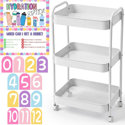 Hydration Station Classroom Storage Trolley 3-tier Plastic Rolling Water Bottles Storage Car with Handle Hydration Station Sign Stickers Set for Classroom Office Water Bottle Organizer Supplies
