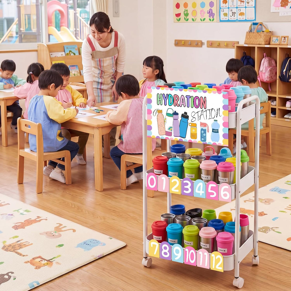 Hydration Station Classroom Storage Trolley 3-tier Plastic Rolling Water Bottles Storage Car with Handle Hydration Station Sign Stickers Set for Classroom Office Water Bottle Organizer Supplies