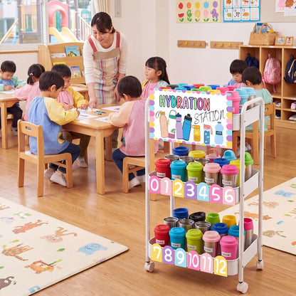 Hydration Station Classroom Storage Trolley 3-tier Plastic Rolling Water Bottles Storage Car with Handle Hydration Station Sign Stickers Set for Classroom Office Water Bottle Organizer Supplies