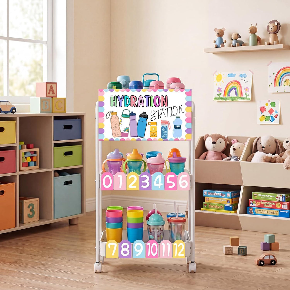 Hydration Station Classroom Storage Trolley 3-tier Plastic Rolling Water Bottles Storage Car with Handle Hydration Station Sign Stickers Set for Classroom Office Water Bottle Organizer Supplies