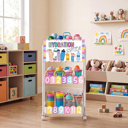 Hydration Station Classroom Storage Trolley 3-tier Plastic Rolling Water Bottles Storage Car with Handle Hydration Station Sign Stickers Set for Classroom Office Water Bottle Organizer Supplies
