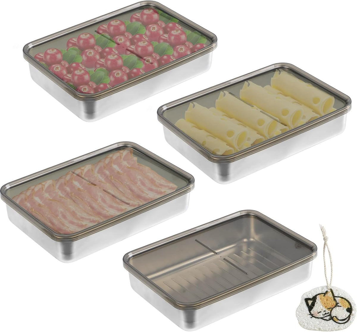 4 Pcs Bacon Cheese Container for Fridge, Deli Meat Storage Containers | 304 Stainless Steel Food Containers with Lids, Dishwasher Safe Food Container for Refrigerator with Sponge Wipe