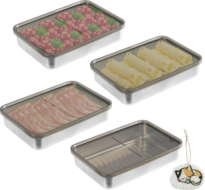4 Pcs Bacon Cheese Container for Fridge, Deli Meat Storage Containers | 304 Stainless Steel Food Containers with Lids, Dishwasher Safe Food Container for Refrigerator with Sponge Wipe