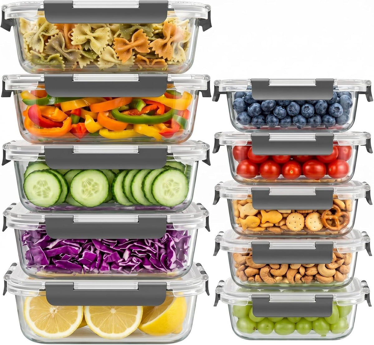 10 Sets 36 oz & 12 oz Glass Food Storage Containers with lids, Gray
