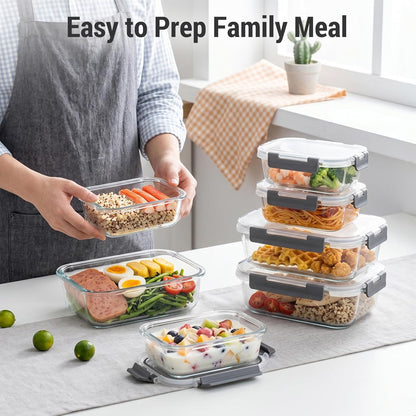 10 Sets 36 oz & 12 oz Glass Food Storage Containers with lids, Gray