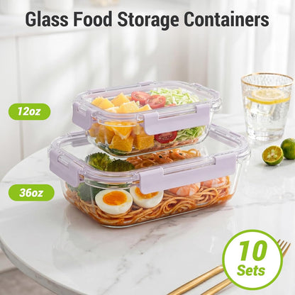 10 Sets 36 oz & 12 oz Glass Food Storage Containers with lids, Gray