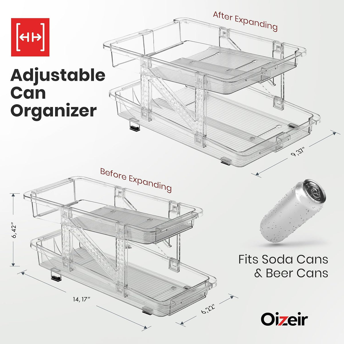 Expandable Soda Can Dispenser For Fridge - 2-Pack - Clear Transparent Soda Can Organizer For Refrigerator, Kitchen, and Pantry Storage Organizer for Cans, Beverage Bottle, Canned Food & Bottles