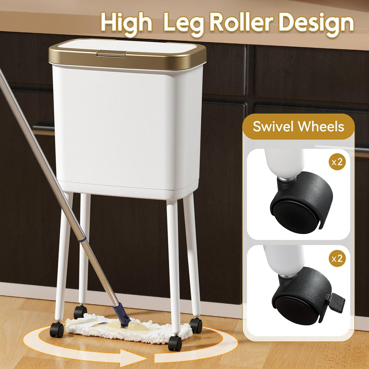 Kitchen Trash Can with Lid and Wheels, 15L White Slim High Foot Garbage Bin with Gold Edge, Pop Up Dog Proof Trash Can with Raised Legs, Plastic Trash Can for Laundry Room, Bathroom, Office