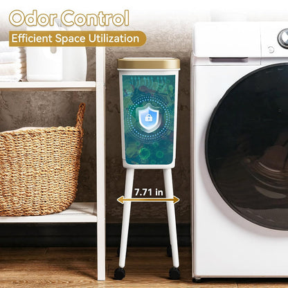 Kitchen Trash Can with Lid and Wheels, 15L White Slim High Foot Garbage Bin with Gold Edge, Pop Up Dog Proof Trash Can with Raised Legs, Plastic Trash Can for Laundry Room, Bathroom, Office