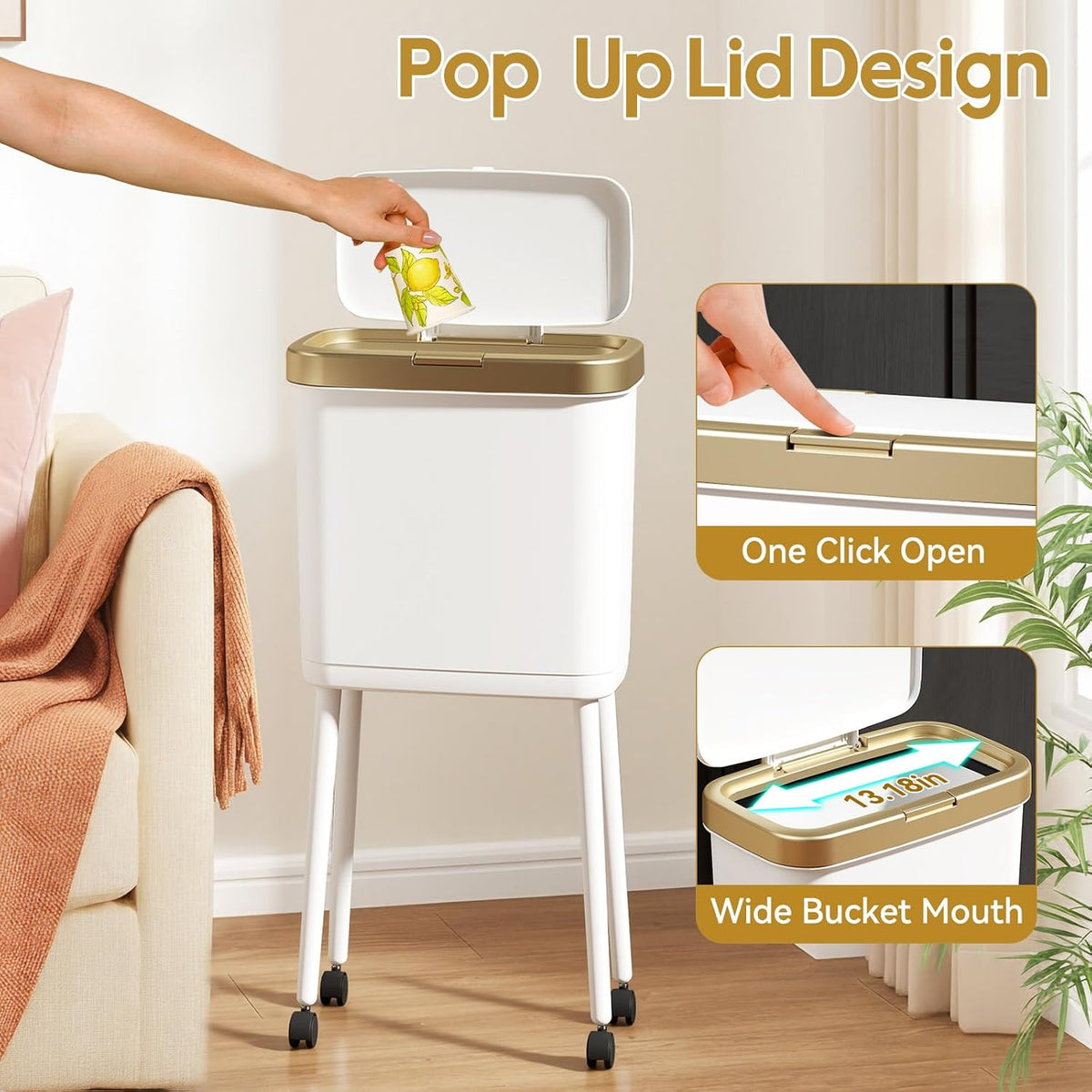 Kitchen Trash Can with Lid and Wheels, 15L White Slim High Foot Garbage Bin with Gold Edge, Pop Up Dog Proof Trash Can with Raised Legs, Plastic Trash Can for Laundry Room, Bathroom, Office