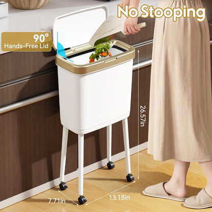 Kitchen Trash Can with Lid and Wheels, 15L White Slim High Foot Garbage Bin with Gold Edge, Pop Up Dog Proof Trash Can with Raised Legs, Plastic Trash Can for Laundry Room, Bathroom, Office