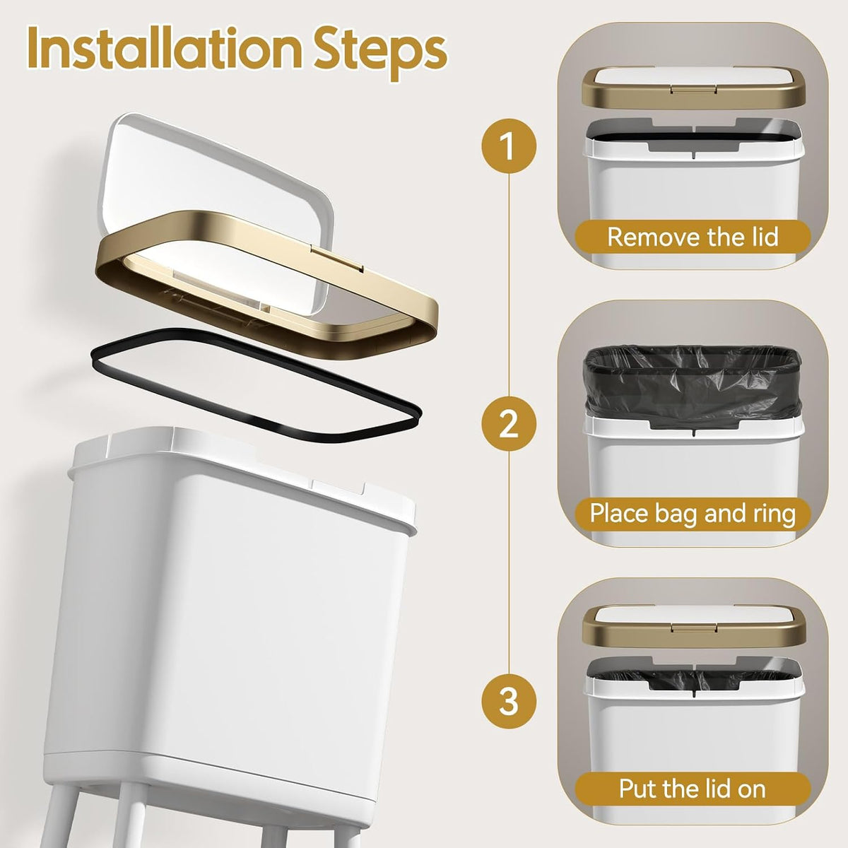 Kitchen Trash Can with Lid and Wheels, 15L White Slim High Foot Garbage Bin with Gold Edge, Pop Up Dog Proof Trash Can with Raised Legs, Plastic Trash Can for Laundry Room, Bathroom, Office