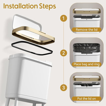 Kitchen Trash Can with Lid and Wheels, 15L White Slim High Foot Garbage Bin with Gold Edge, Pop Up Dog Proof Trash Can with Raised Legs, Plastic Trash Can for Laundry Room, Bathroom, Office