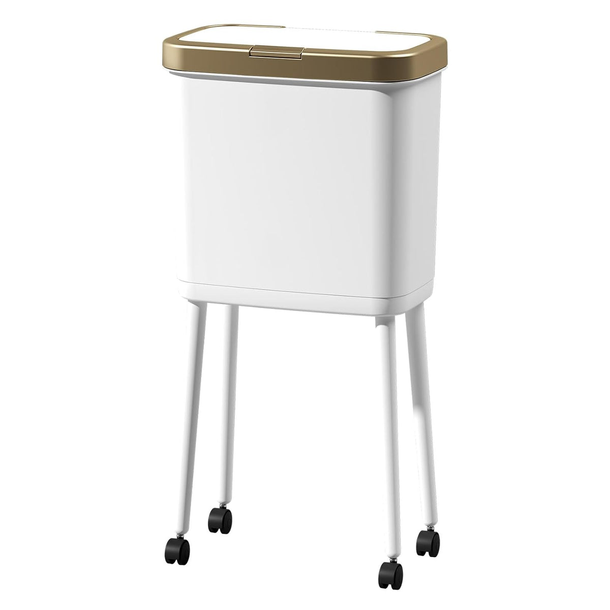 Kitchen Trash Can with Lid and Wheels, 15L White Slim High Foot Garbage Bin with Gold Edge, Pop Up Dog Proof Trash Can with Raised Legs, Plastic Trash Can for Laundry Room, Bathroom, Office