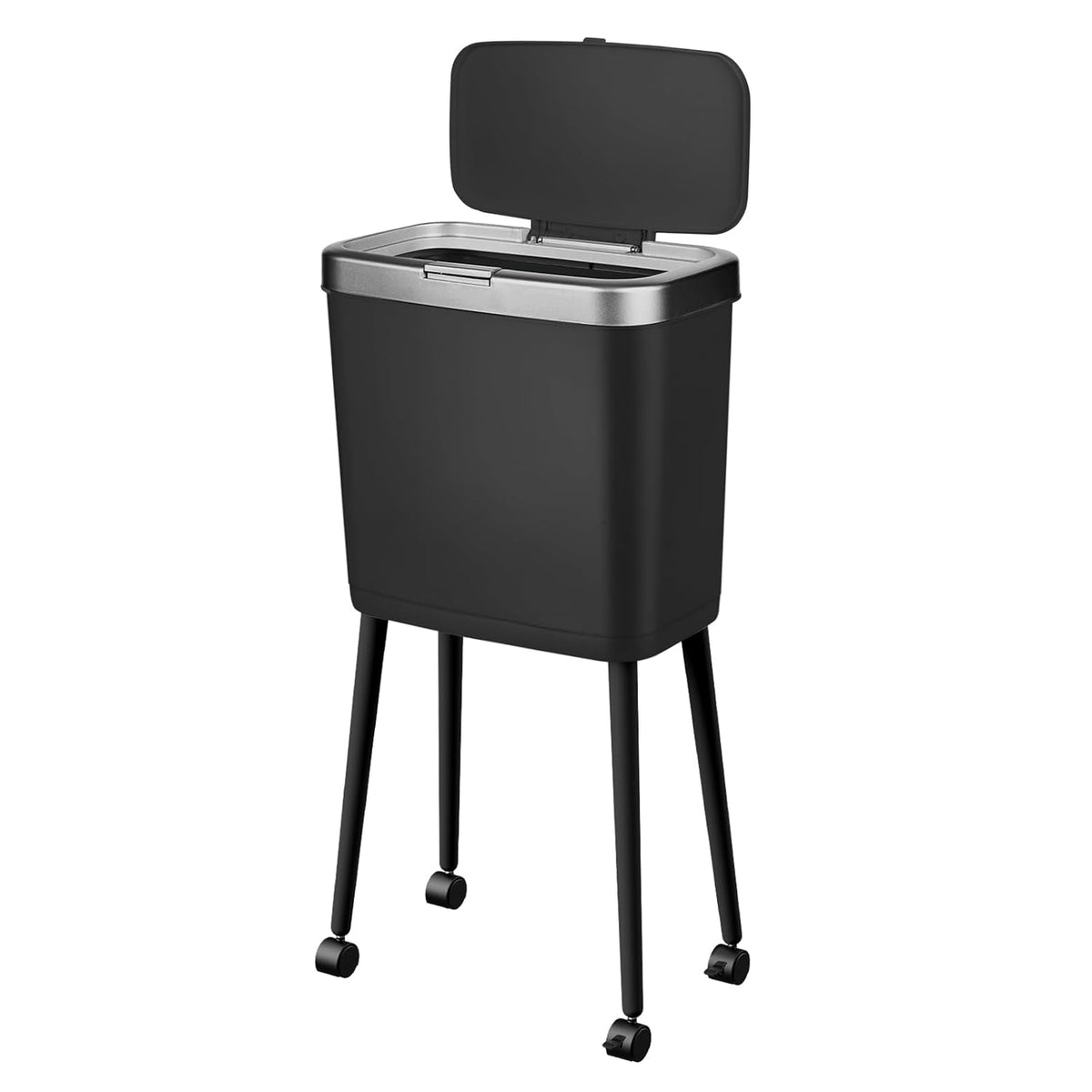 Kitchen Trash Can with Lid and Wheels, 15L White Slim High Foot Garbage Bin with Gold Edge, Pop Up Dog Proof Trash Can with Raised Legs, Plastic Trash Can for Laundry Room, Bathroom, Office