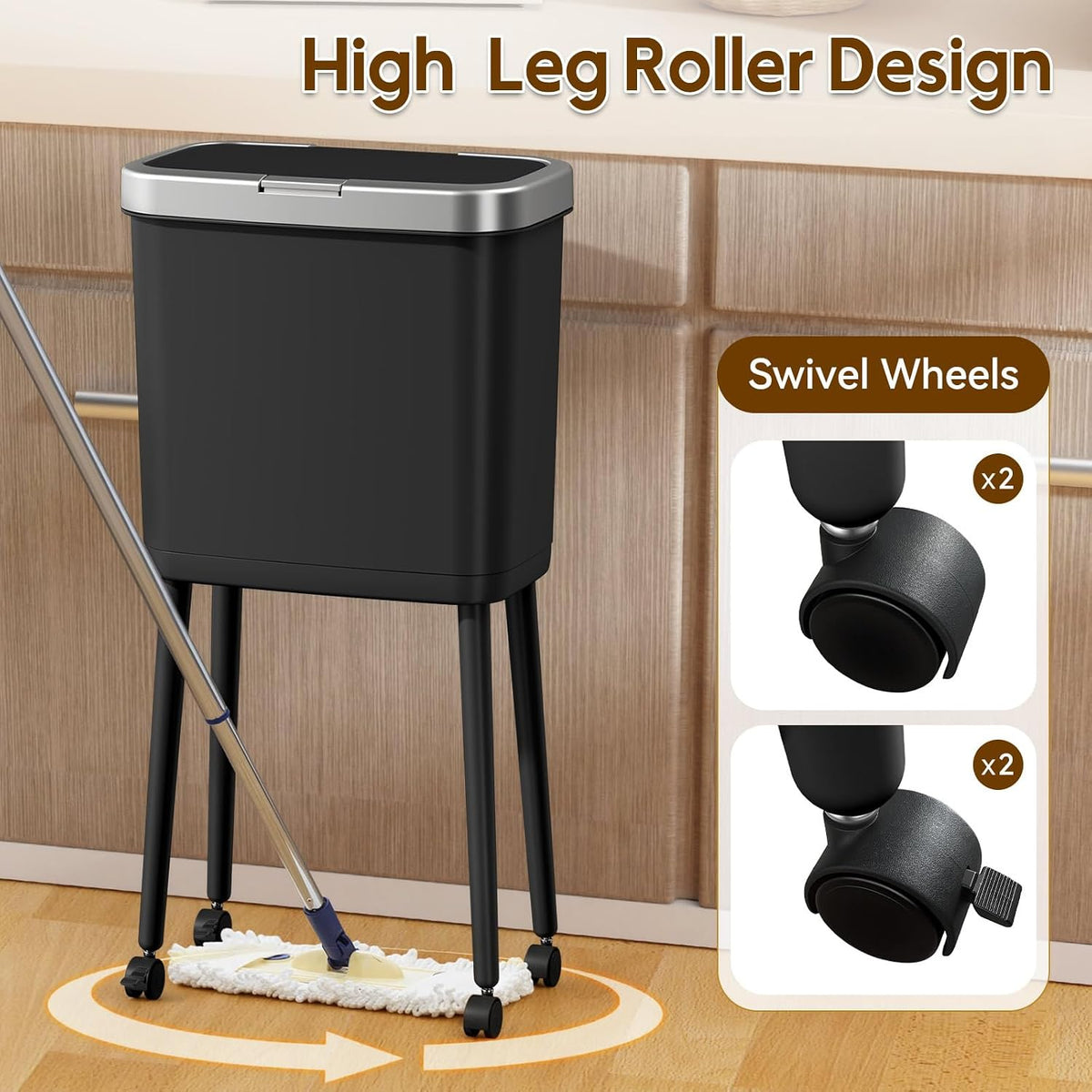 Kitchen Trash Can with Lid and Wheels, 15L White Slim High Foot Garbage Bin with Gold Edge, Pop Up Dog Proof Trash Can with Raised Legs, Plastic Trash Can for Laundry Room, Bathroom, Office