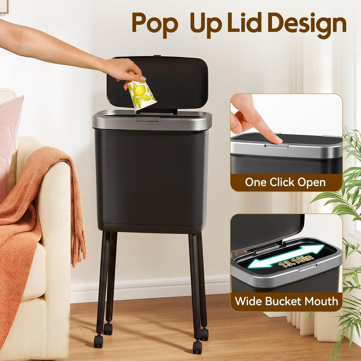 Kitchen Trash Can with Lid and Wheels, 15L White Slim High Foot Garbage Bin with Gold Edge, Pop Up Dog Proof Trash Can with Raised Legs, Plastic Trash Can for Laundry Room, Bathroom, Office
