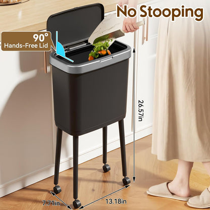 Kitchen Trash Can with Lid and Wheels, 15L White Slim High Foot Garbage Bin with Gold Edge, Pop Up Dog Proof Trash Can with Raised Legs, Plastic Trash Can for Laundry Room, Bathroom, Office