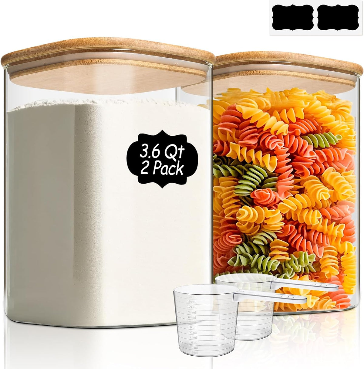 Glass Storage Jars with Bamboo Lids 3.6 Qt 2 Pack Large Wide Mouth | Pantry Organization, Flour Sugar Coffee Beans, Pasta Cereal Dry Food, Big Capacity, Cabinet Organization, Dry Food Storage