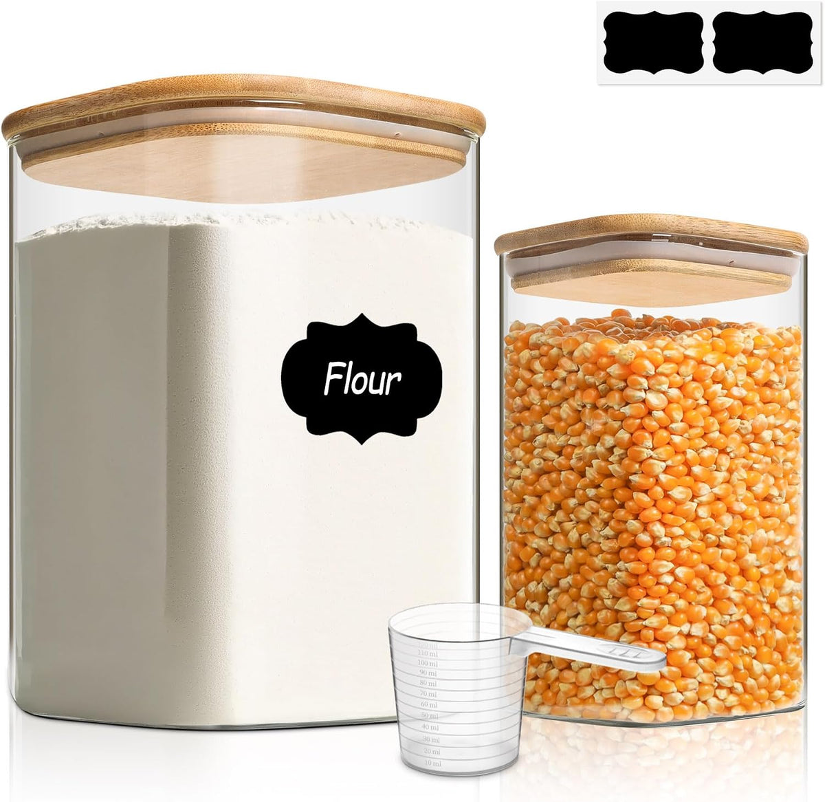 Glass Storage Jars with Bamboo Lids 3.6 Qt 2 Pack Large Wide Mouth | Pantry Organization, Flour Sugar Coffee Beans, Pasta Cereal Dry Food, Big Capacity, Cabinet Organization, Dry Food Storage