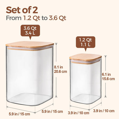 Glass Storage Jars with Bamboo Lids 3.6 Qt 2 Pack Large Wide Mouth | Pantry Organization, Flour Sugar Coffee Beans, Pasta Cereal Dry Food, Big Capacity, Cabinet Organization, Dry Food Storage