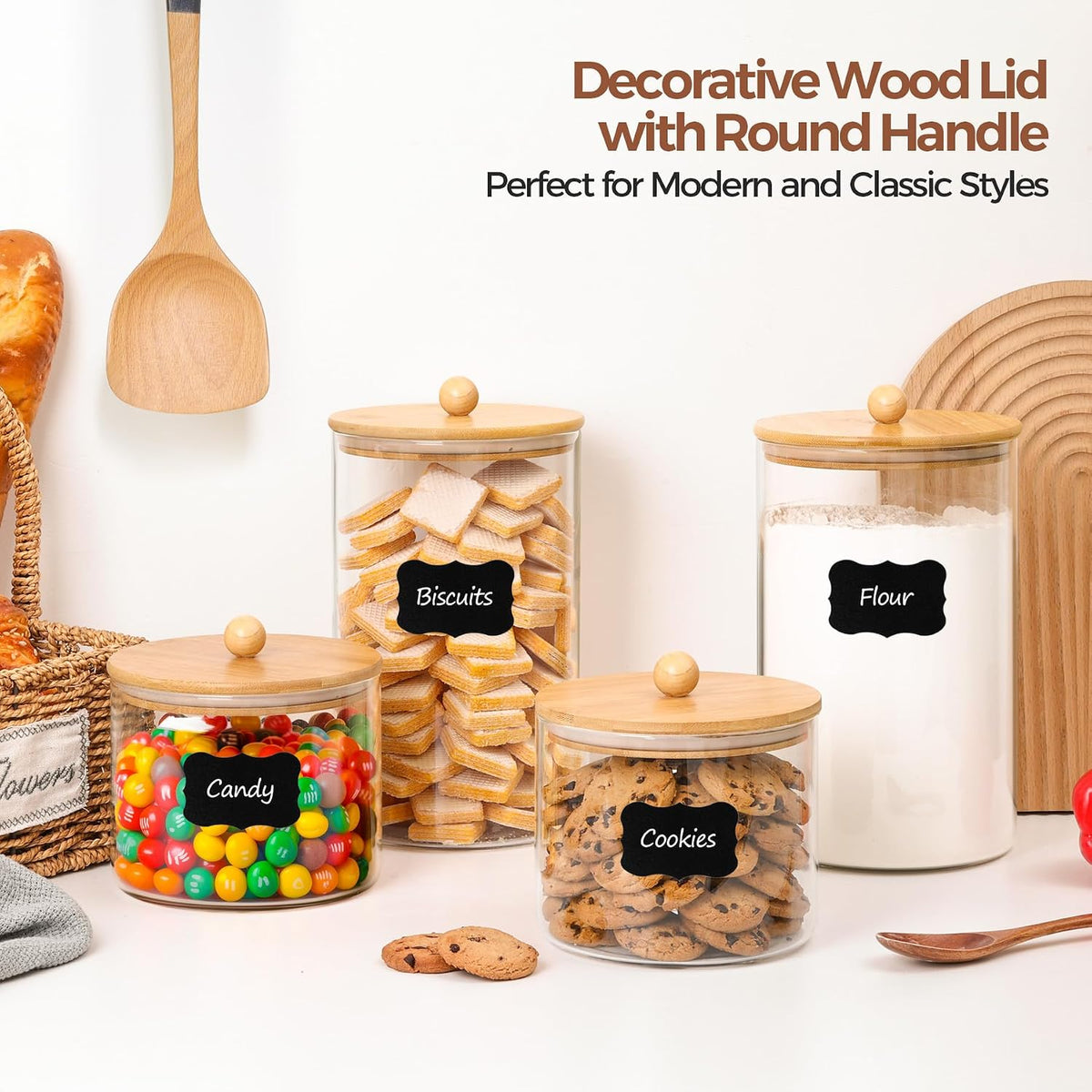 Glass Storage Jars with Bamboo Lids 3.6 Qt 2 Pack Large Wide Mouth | Pantry Organization, Flour Sugar Coffee Beans, Pasta Cereal Dry Food, Big Capacity, Cabinet Organization, Dry Food Storage