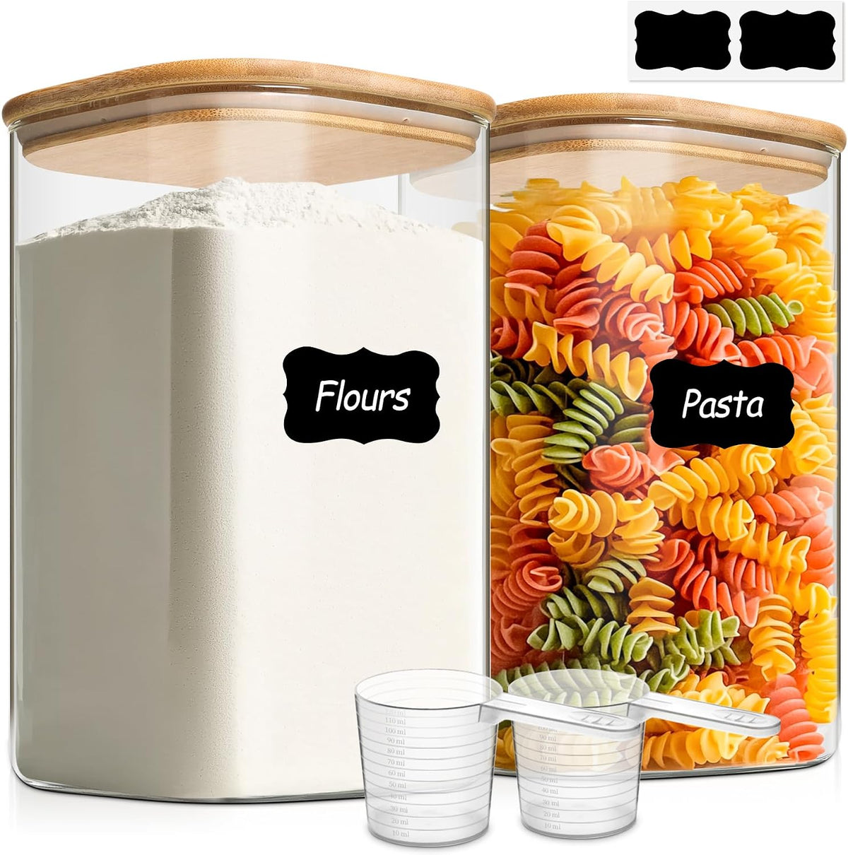 Glass Storage Jars with Bamboo Lids 3.6 Qt 2 Pack Large Wide Mouth | Pantry Organization, Flour Sugar Coffee Beans, Pasta Cereal Dry Food, Big Capacity, Cabinet Organization, Dry Food Storage
