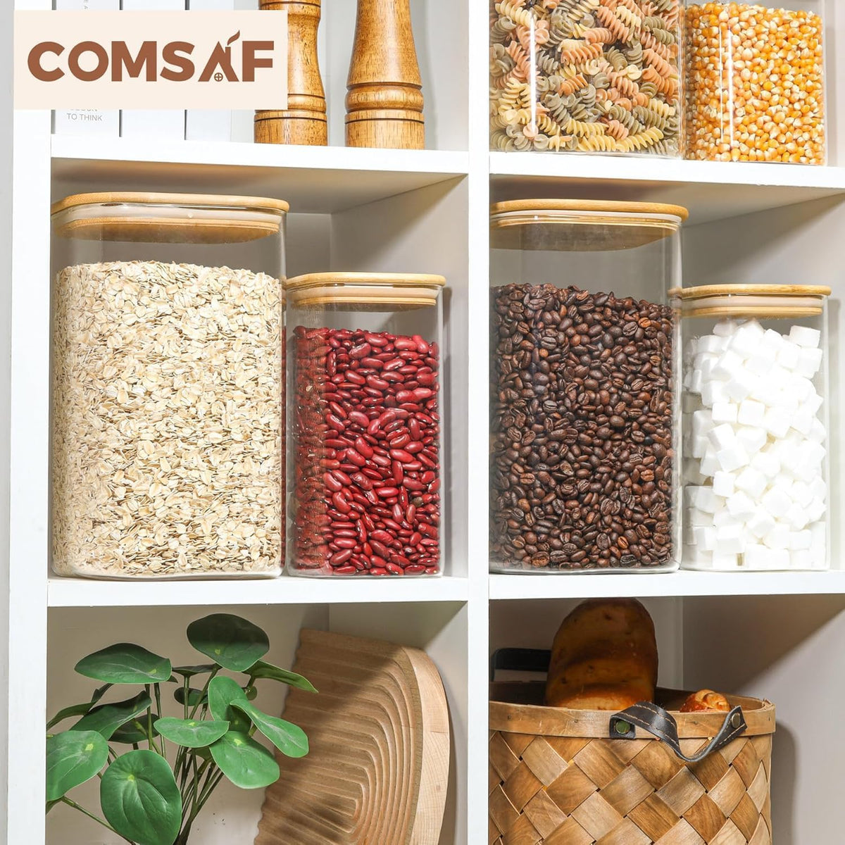 Glass Storage Jars with Bamboo Lids 3.6 Qt 2 Pack Large Wide Mouth | Pantry Organization, Flour Sugar Coffee Beans, Pasta Cereal Dry Food, Big Capacity, Cabinet Organization, Dry Food Storage