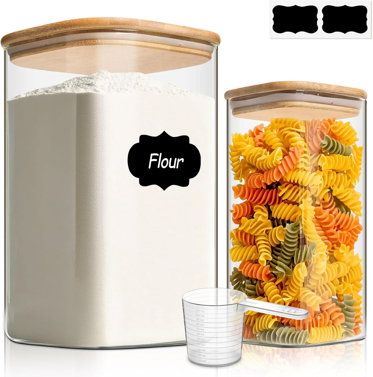 Glass Storage Jars with Bamboo Lids 3.6 Qt 2 Pack Large Wide Mouth | Pantry Organization, Flour Sugar Coffee Beans, Pasta Cereal Dry Food, Big Capacity, Cabinet Organization, Dry Food Storage
