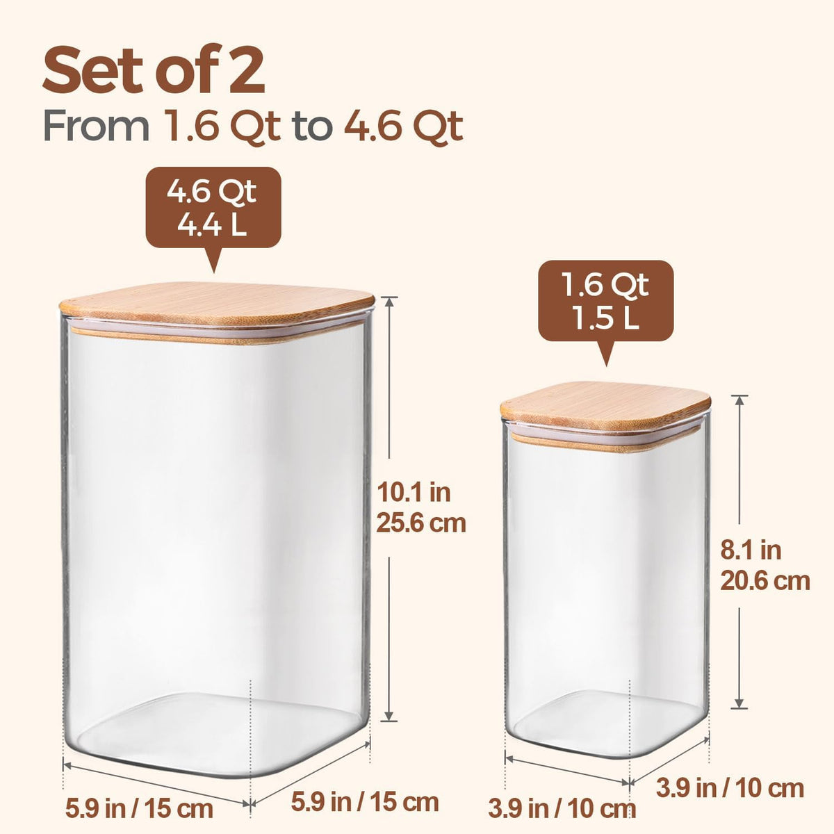 Glass Storage Jars with Bamboo Lids 3.6 Qt 2 Pack Large Wide Mouth | Pantry Organization, Flour Sugar Coffee Beans, Pasta Cereal Dry Food, Big Capacity, Cabinet Organization, Dry Food Storage