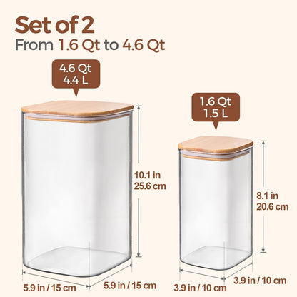 Glass Storage Jars with Bamboo Lids 3.6 Qt 2 Pack Large Wide Mouth | Pantry Organization, Flour Sugar Coffee Beans, Pasta Cereal Dry Food, Big Capacity, Cabinet Organization, Dry Food Storage