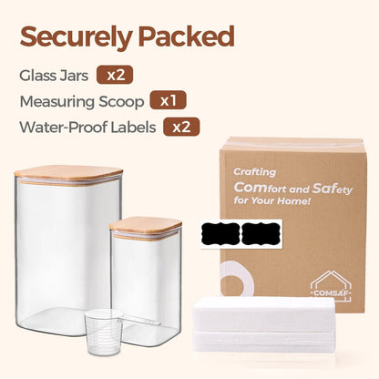 Glass Storage Jars with Bamboo Lids 3.6 Qt 2 Pack Large Wide Mouth | Pantry Organization, Flour Sugar Coffee Beans, Pasta Cereal Dry Food, Big Capacity, Cabinet Organization, Dry Food Storage