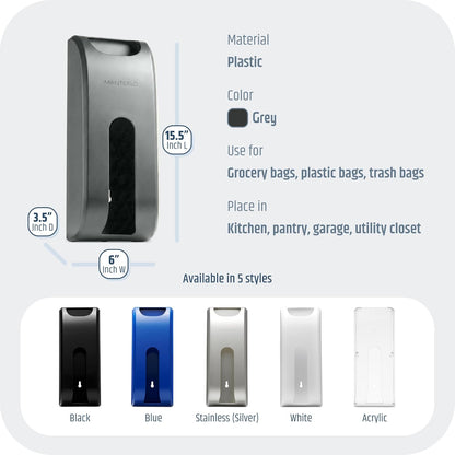 Plastic Bag Holder | UPGRADED Wall-Mount Grocery Bag Dispenser | Space-Saving Design | Easy Install | Smudge-Proof, Fingerprint-Resistant | Silver | Holds the Most Bags for Maximum Storage