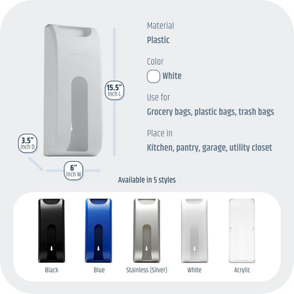 Plastic Bag Holder | UPGRADED Wall-Mount Grocery Bag Dispenser | Space-Saving Design | Easy Install | Smudge-Proof, Fingerprint-Resistant | Silver | Holds the Most Bags for Maximum Storage