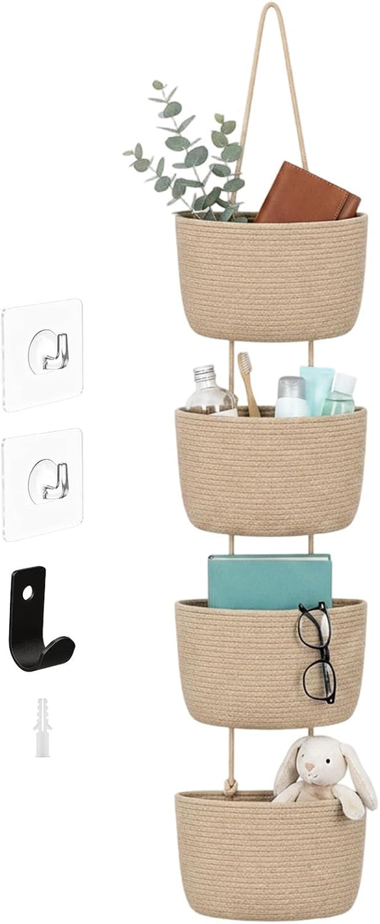 4 Tier Wall Mounted Woven Hanging Basket, Over The Door Hanging Basket Wall-Mounted Woven Storage Organizer Bag Decorative Hanging-Nursery Baskets for Living Room, Bedroom, Kitchen
