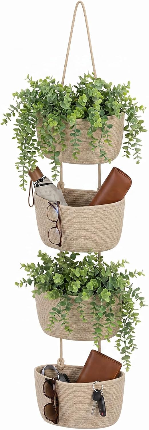 4 Tier Wall Mounted Woven Hanging Basket, Over The Door Hanging Basket Wall-Mounted Woven Storage Organizer Bag Decorative Hanging-Nursery Baskets for Living Room, Bedroom, Kitchen