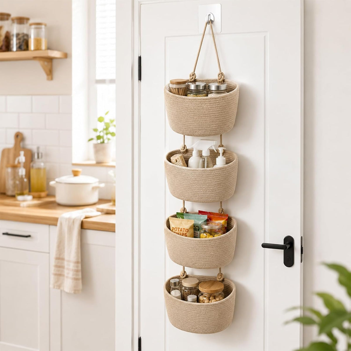 4 Tier Wall Mounted Woven Hanging Basket, Over The Door Hanging Basket Wall-Mounted Woven Storage Organizer Bag Decorative Hanging-Nursery Baskets for Living Room, Bedroom, Kitchen