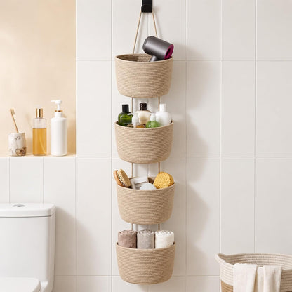 4 Tier Wall Mounted Woven Hanging Basket, Over The Door Hanging Basket Wall-Mounted Woven Storage Organizer Bag Decorative Hanging-Nursery Baskets for Living Room, Bedroom, Kitchen
