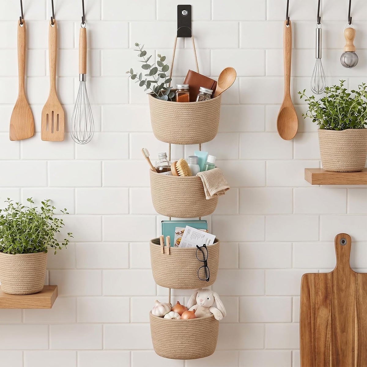 4 Tier Wall Mounted Woven Hanging Basket, Over The Door Hanging Basket Wall-Mounted Woven Storage Organizer Bag Decorative Hanging-Nursery Baskets for Living Room, Bedroom, Kitchen