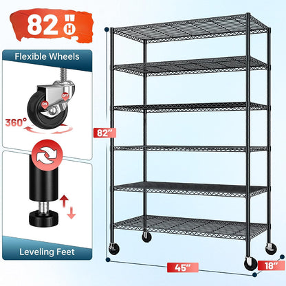 Heavy Duty 6-Tier Rolling Storage Shelves with Wheels for Garage